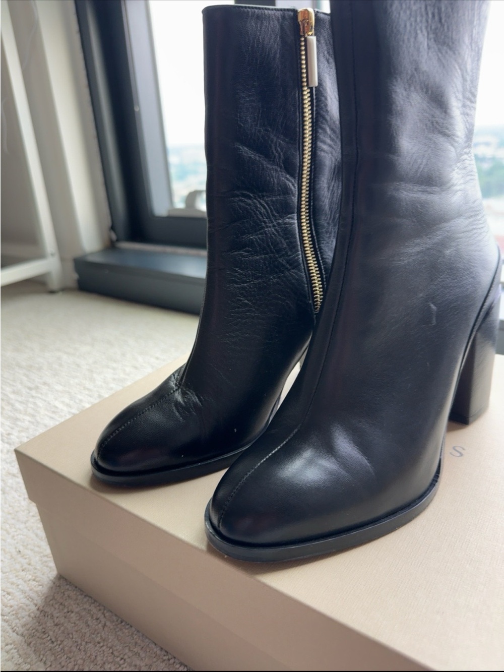 Dear Frances Spirit Black Leather Mid-Calf Block Heel Boots Gold Zip EU 37 US 7